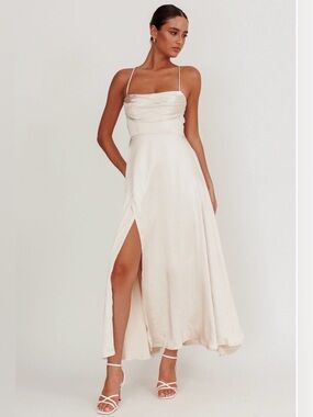 Selfie Leslie Inner Light Gathered Bust Split Maxi Dress Champagne NWT